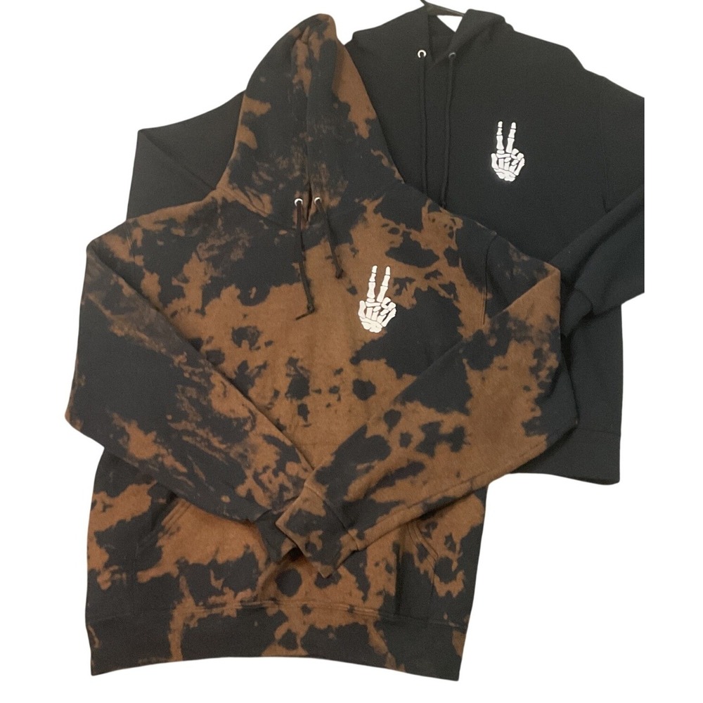 Lot of 2 Bowery Supply Co Hoodie M Black Brown Bleach Dye Skeleton Peace Sz M